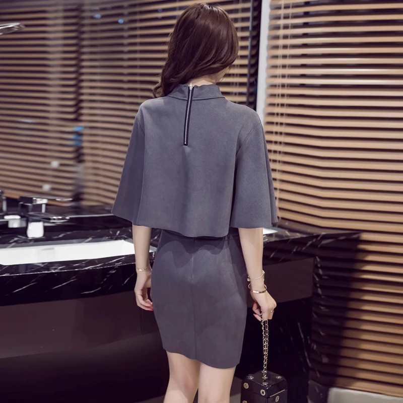 Hot Sale 2021 Autumn Three Quarter Turtleneck New Women's Suit Skirt Fashion Deer Suede Female Women Two Piece Outfits 2 Set |