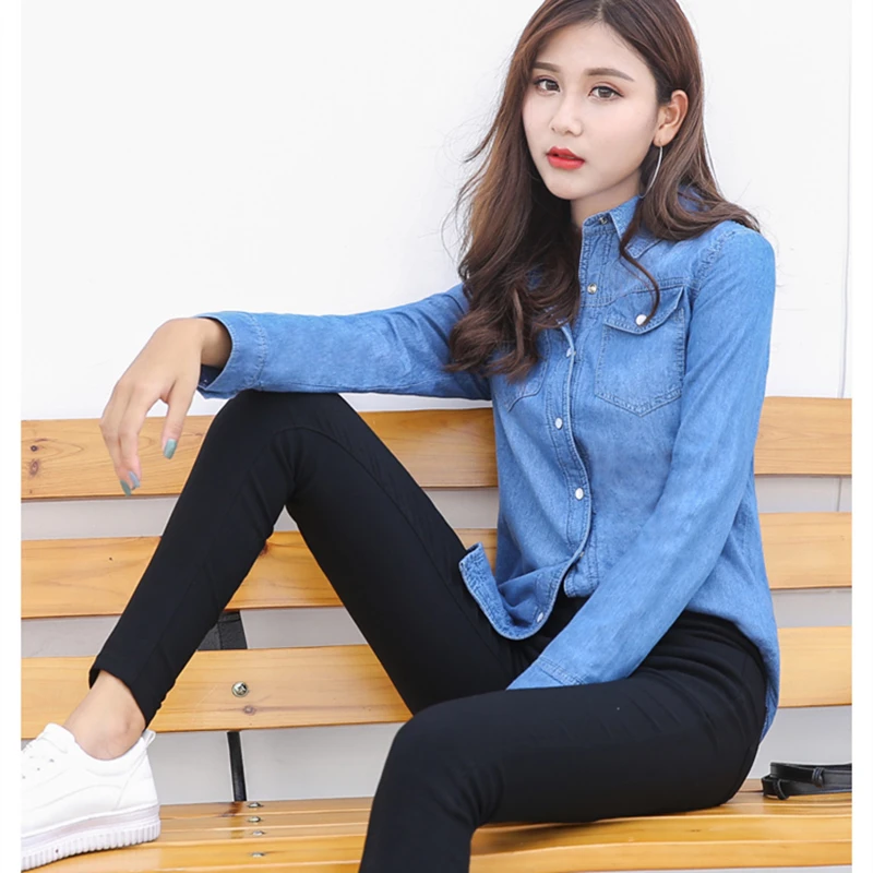 Блузка Женская осенне зимняя теплая с длинным рукавом из синей джинсовой