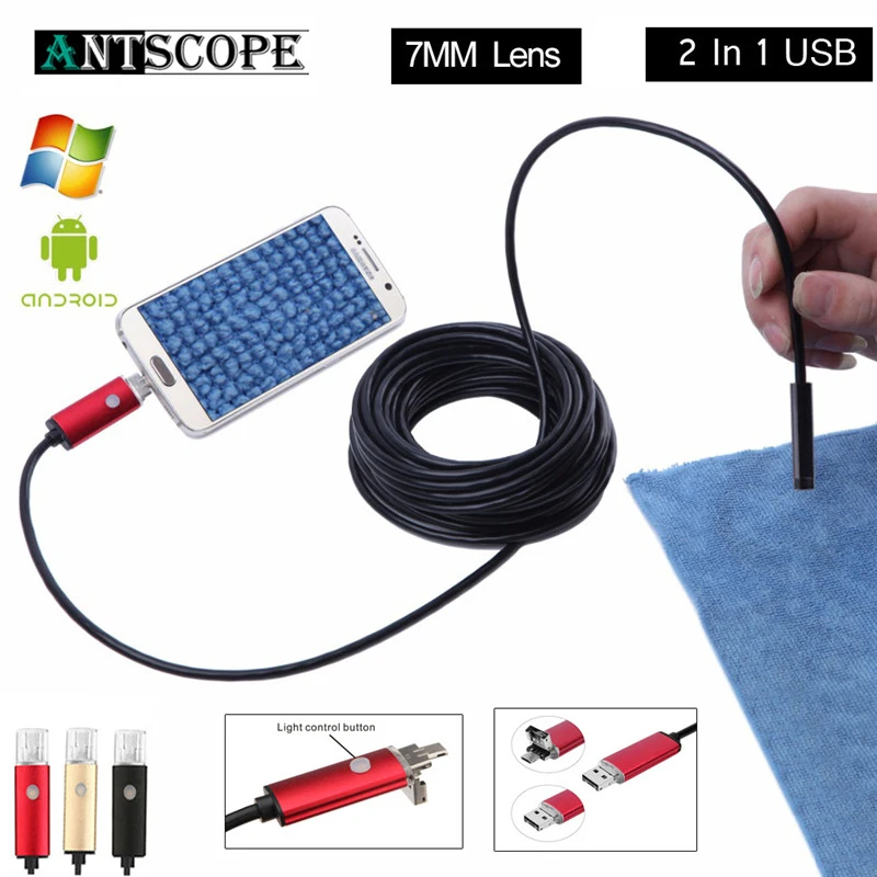 7 мм объектив 2 IN1 USB андроид эндоскоп Камера 2/5/10 м 3 Цвета змея трубой телефона Android