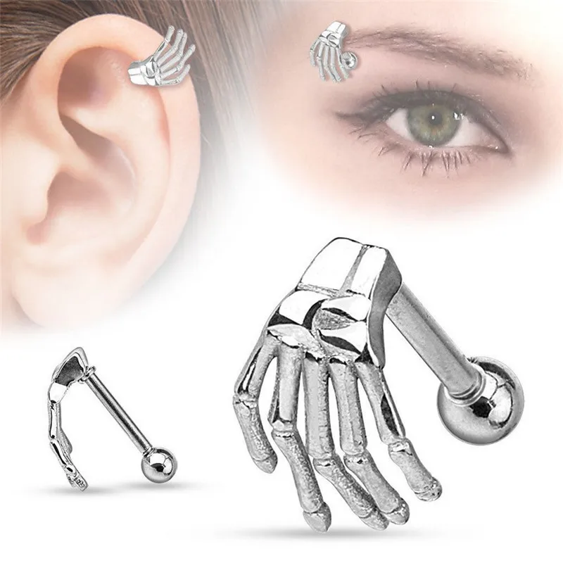 Silver Stud Earrings Серебряное Золото 1 пара готический панк череп рука ухо манжета губы кольцо ручной штанги ушной хрящ Хеликс стержня серьги для пирсинга - Окраска металла: Silver Stud Earrings