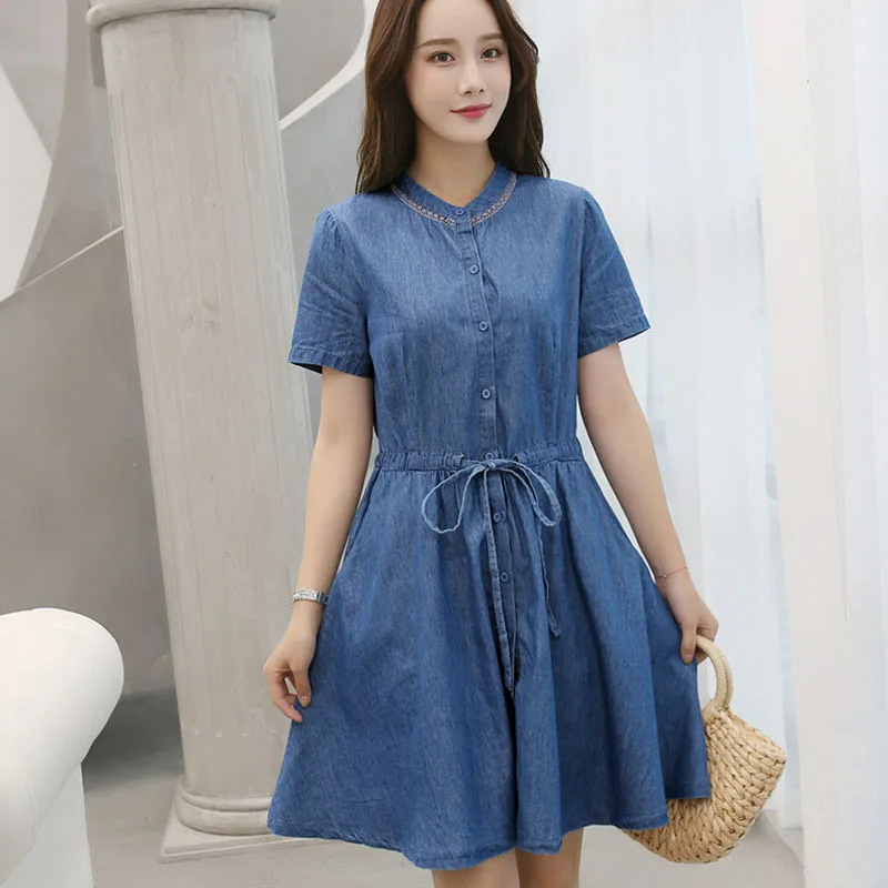 

Women Short sleeve o-neck collar denim blue dress