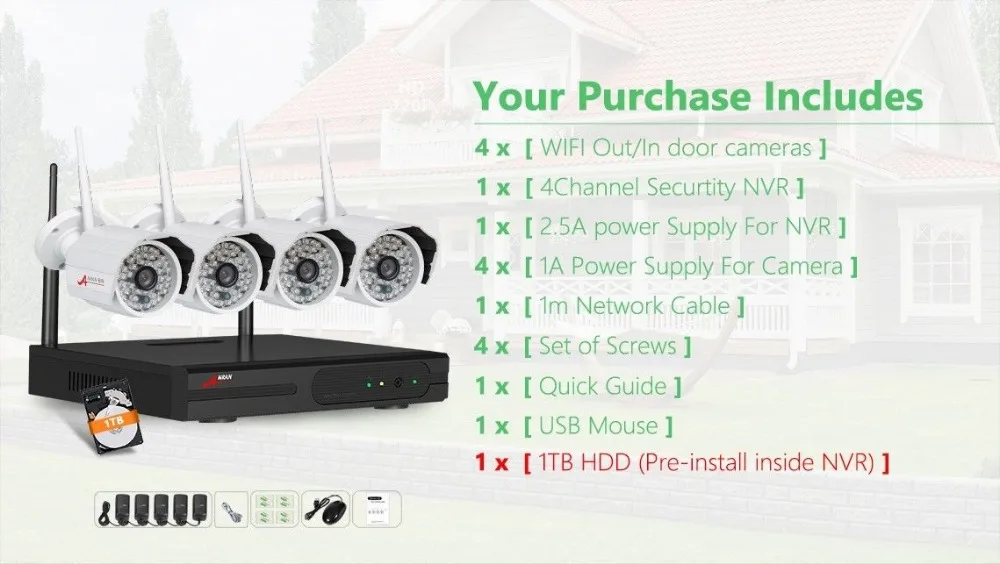 ANRAN CCTV 4CH Wifi NVR 720P Network Plug Play 48 IR Waterproof Outdoor Wireless IP Camera Video Security System With 1TB HDD on - Система видеонаблюдения ANRAN CCTV 4CH Wifi NVR 720P Network Plug Play с 48 IR водонепроницаемыми камерами на беспроводной I