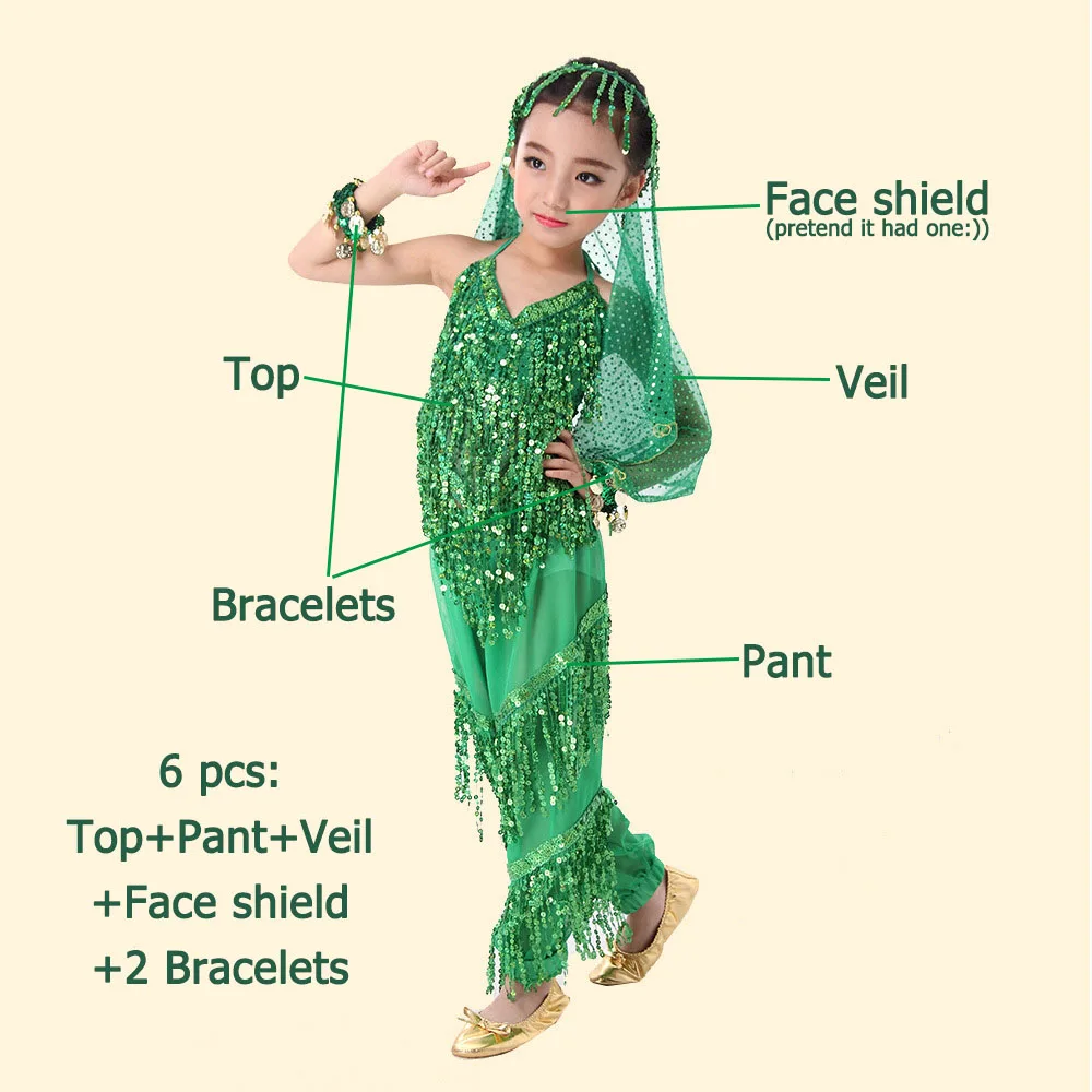 green 6 pcs Детский танец живота комплект детская одежда для индийских танцев Детские костюмы танцевальный, ткань с блестками, с кисточками, сценический костюм комплект из 3 предметов, 6 шт - Цвет: green 6 pcs