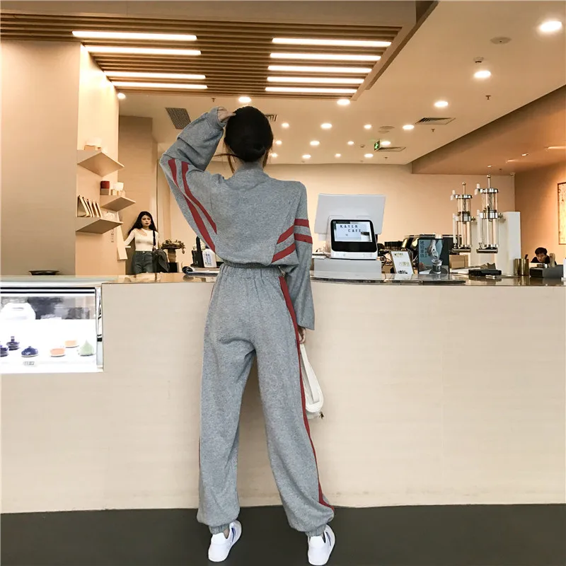 Корейский комплект из 2 предметов, женская одежда, Harajuku, свободная молния, отложной воротник, длинный рукав, боковые полосы, шаровары, штаны, спортивные костюмы, B092