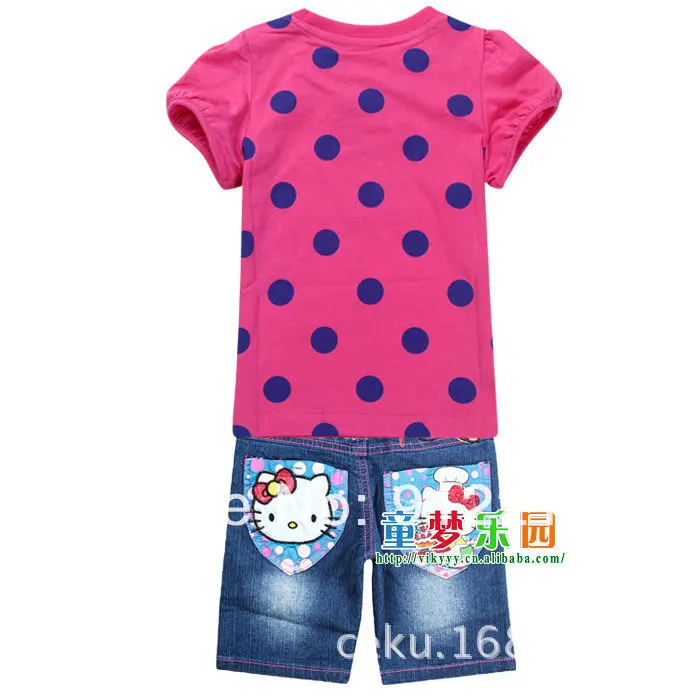 2014 new fashion hello kitty dot cotton fits cartoon T-shirt + jeans kids baby girls children sets 6set/lot | Мать и ребенок