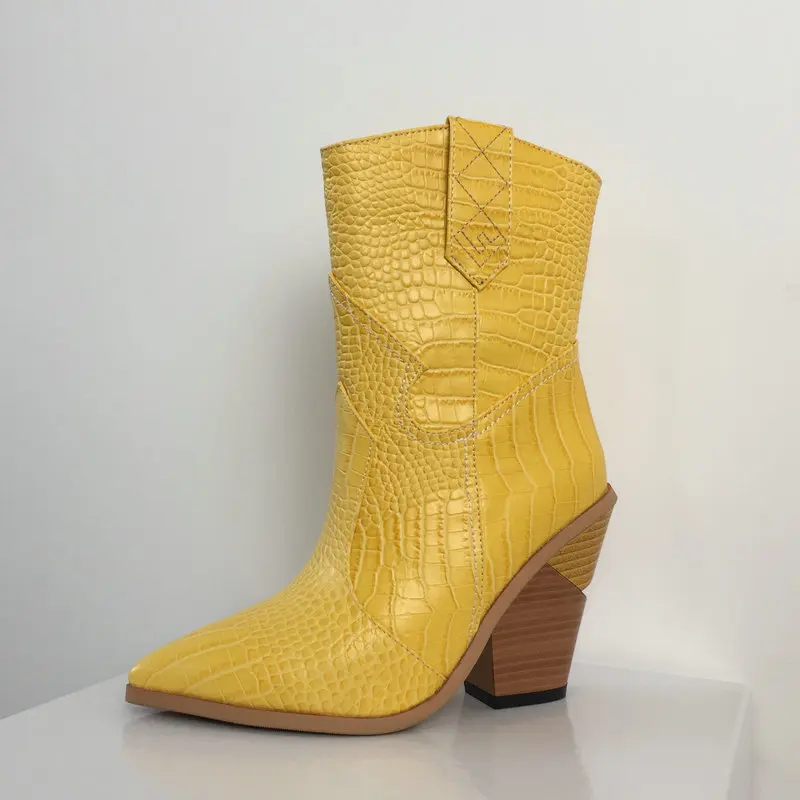 Light-Yellow Ковбойские женские ботильоны из искусственной кожи; цвет белый, бежевый, черный, желтый; ботинки на танкетке и высоком каблуке; женские ковбойские ботинки со змеиным принтом в западном стиле; - Цвет: Light-Yellow