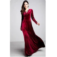 fashion womens autumn and winter wear long sleeve v neck big swing long dress red black purple dark green pleuche dress