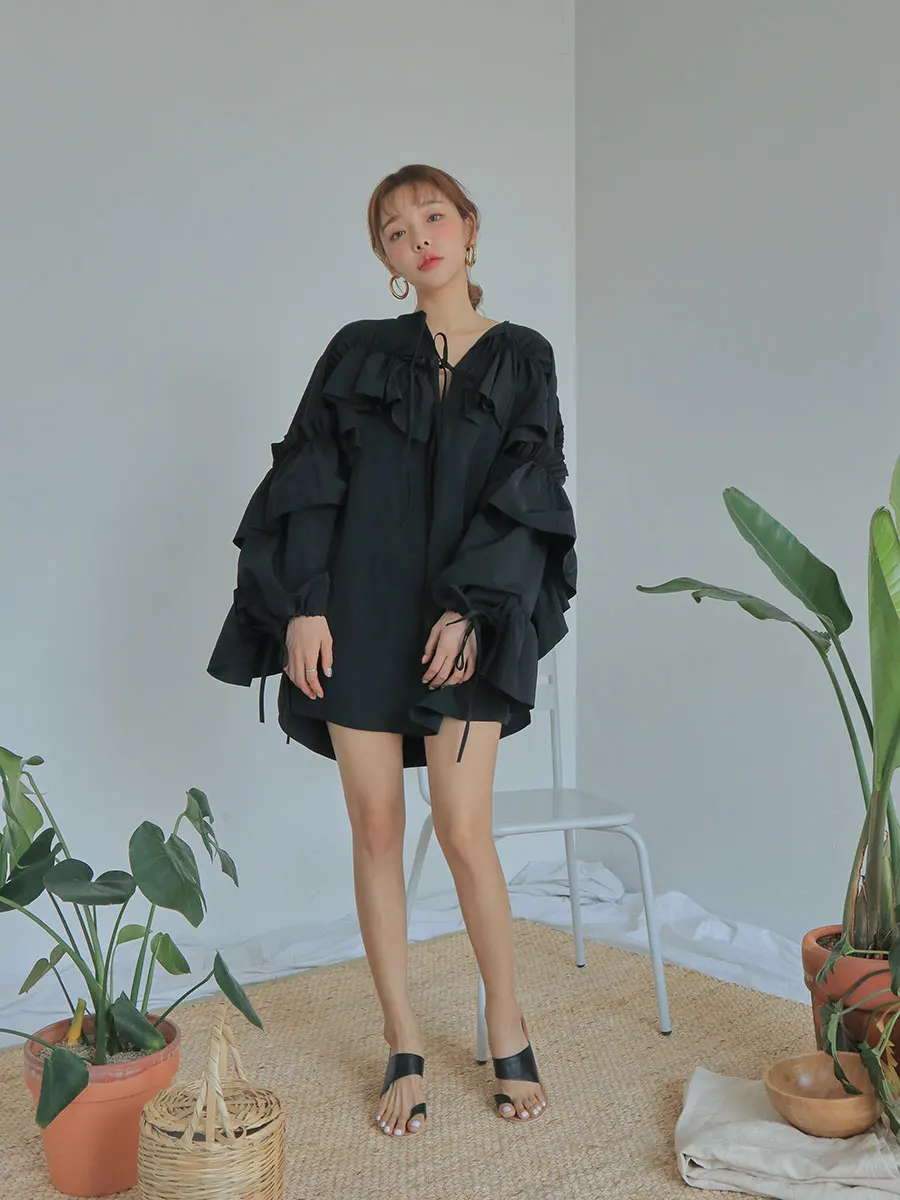 WHITNEY WANG 2018 осеннее модное уличное платье рубашка с оборками и рукавами фонариками