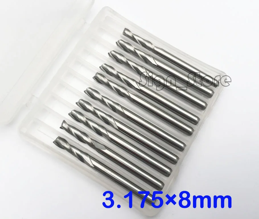 

Бесплатная доставка, 10 шт., 3,175 мм * 8 мм, спиральные карбидные фрезы с двумя канавками для фрезерных станков с ЧПУ для акриловых МДФ, инструмен...