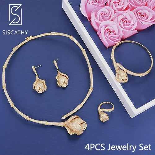 Gold Set Siscathy кубического циркония ожерелье в форме цветка/серьги/Кольцо/браслет аксессуары для свадебной вечеринки роскошные 4 шт Женские Ювелирные наборы - Окраска металла: Gold Set