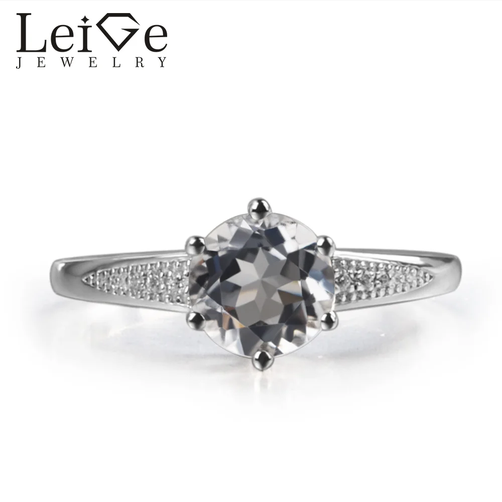 

Leige Jewelry Natural White Topaz Gem Prong Setting Round Shape Prong Setting Carve Rings November Birthstone For Woman