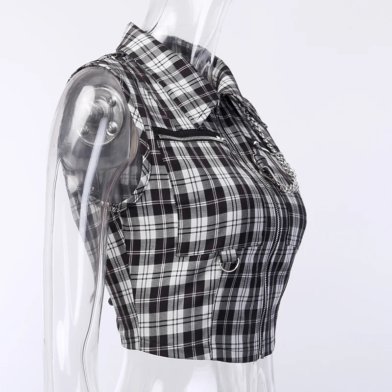 Gothic Chic Sexy Crop Tops Women T-shirt White Black Plaid Punk Streetwear Zipper Chain Plaid Female Goth Retro Hi Hop Camis Top