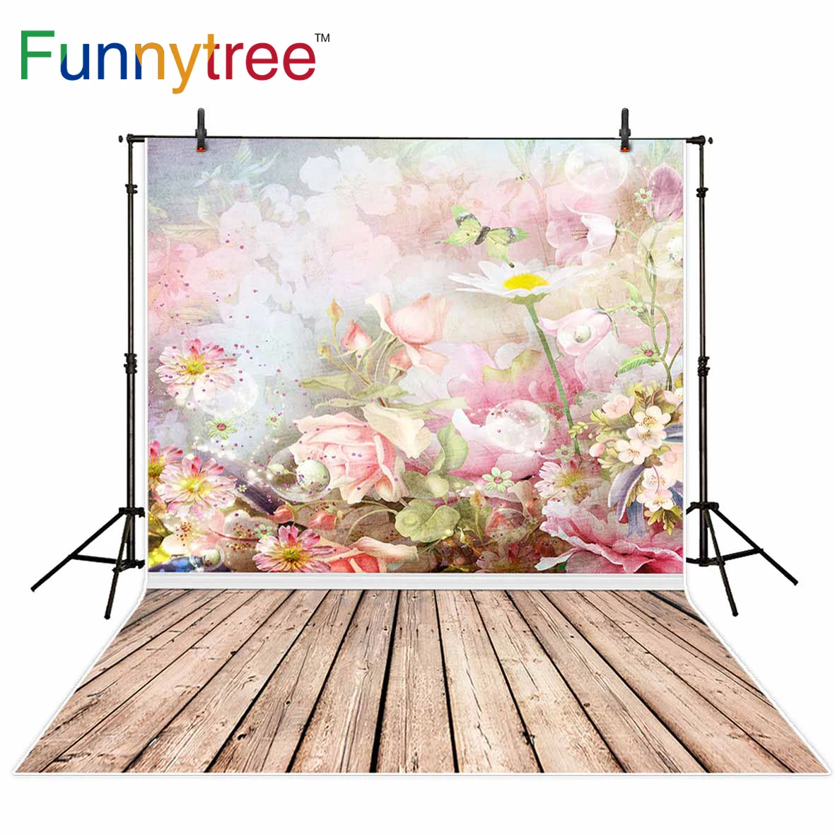 Фон Funnytree для фотостудии весенний цветок бабочка винтажный боке деревянный фон