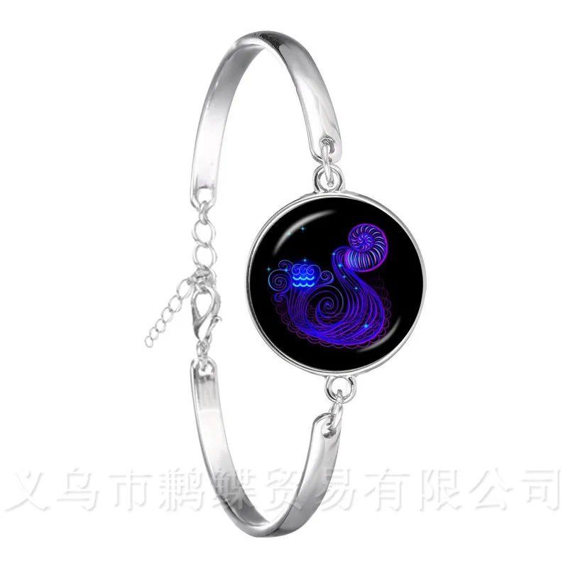 New 12 Zodiac Signs Bracelet Retro Twelve Constellations Cabochon Glass Time Gem Silver Plated Chain Bangle For Gift | Украшения и