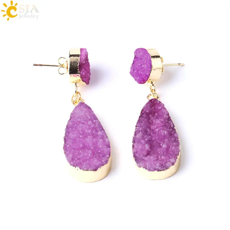 Light Purple CSJA, серьги-гвоздики с натуральным камнем, друза, друзовый кварц, золото, цвет, капля воды, амулеты, серьги для женщин, Трендовое ювелирное изделие для ушей F973 - Окраска металла: Light Purple