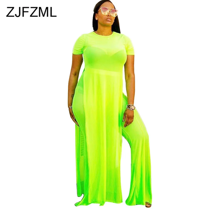 Неоново-зеленый прозрачный сетчатый комплект из 2 предметов Длинный топ с