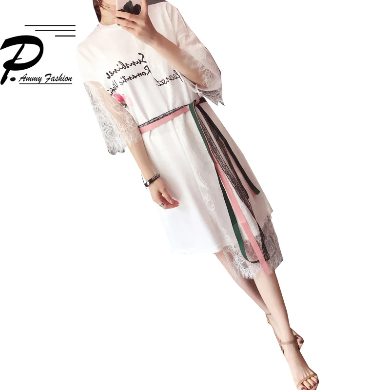 Плюс размер асимметричный подол кружева сшивание хлопок платья 2019 Весна Лето