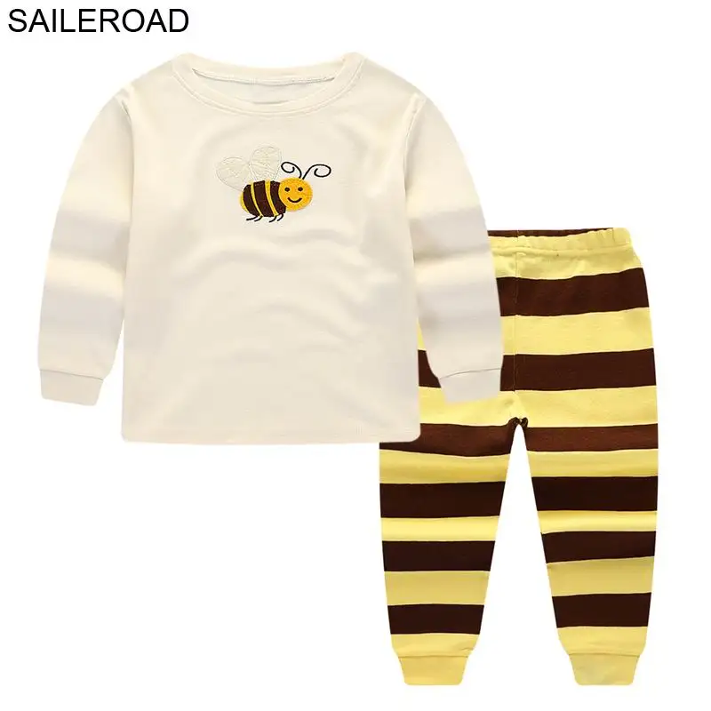 SAILEROAD/хлопковые пижамы для маленьких детей пижама с вышивкой в виде животных и пчелы пижамные комплекты с длинными рукавами для девочек, детская одежда для сна - Цвет: pj017 same picture