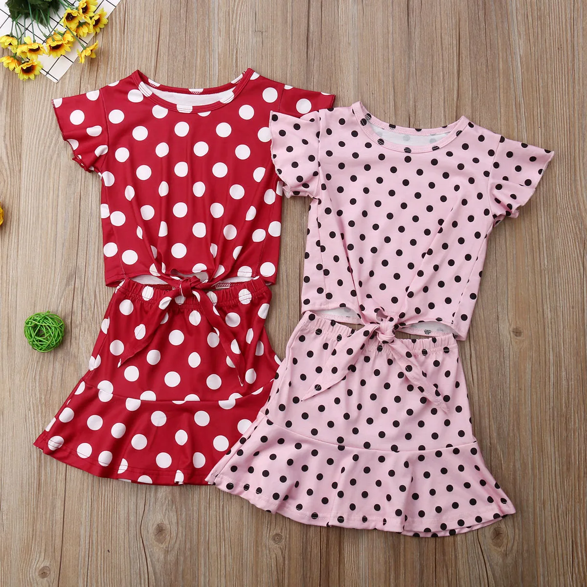 New Arrival Summer Baby Girl Clothes Set 2PCS Toddler Flying Sleeves Polka Dot T-Shirt Floral Skirt Sunsuit Outfits | Детская одежда и