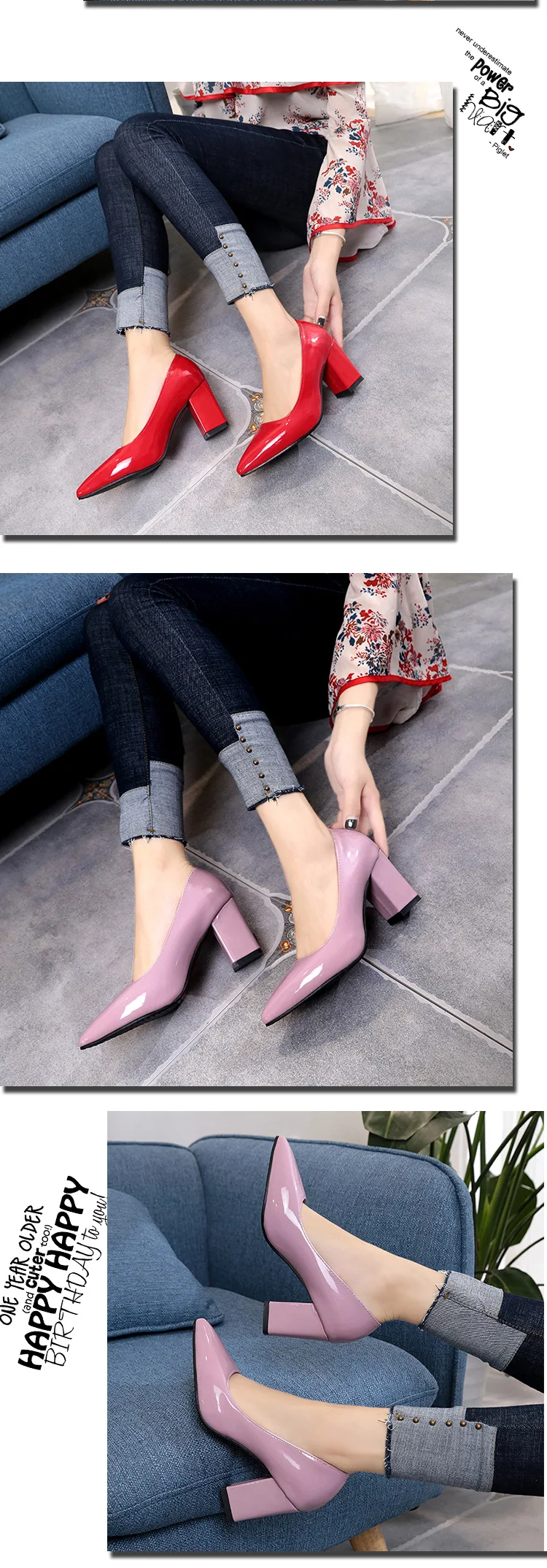 New Women Pumps Black High heels 7.5cm Lady Patent leather Thick with Autumn Pointed Single Shoes Female Sandals Big 33-43