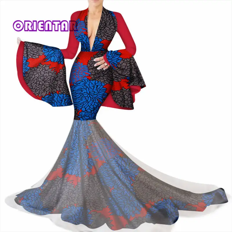 Flare Sleeve African Dresses for Women Bazin Riche Sexy Deep V-neck Long Wedding Party Dress Traditional African Clothing WY3449