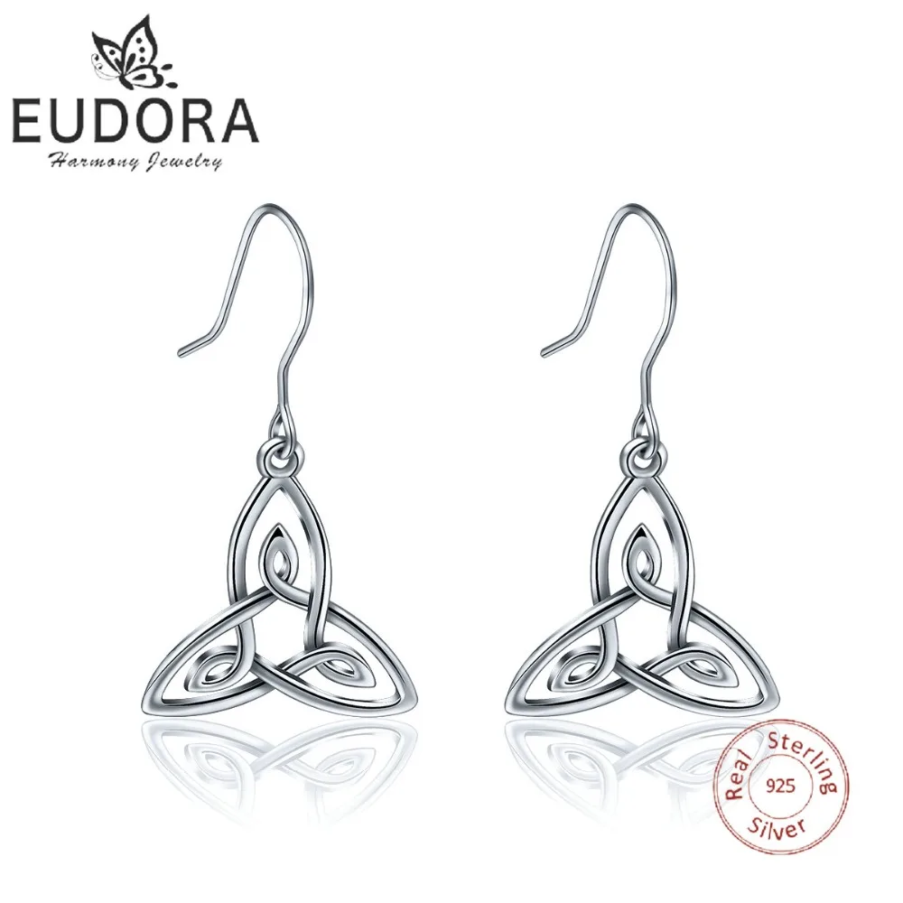 

EUDORA New 925 Sterling Silver Triangle Earrings Celtics Knot Drop Earrings Leaf eardrop Women Fashion Sliver Dangler Jewelry
