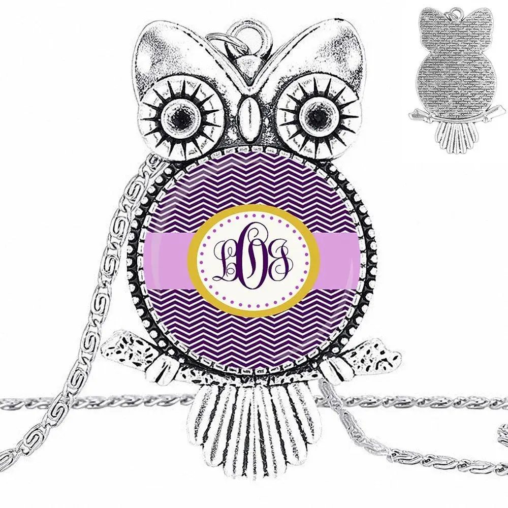 EJ Glaze Monogram Purple Chevron Jewelry Plated Glass Cabochon Choker Long Pendant Owl Necklace For Women Men Party | Украшения и