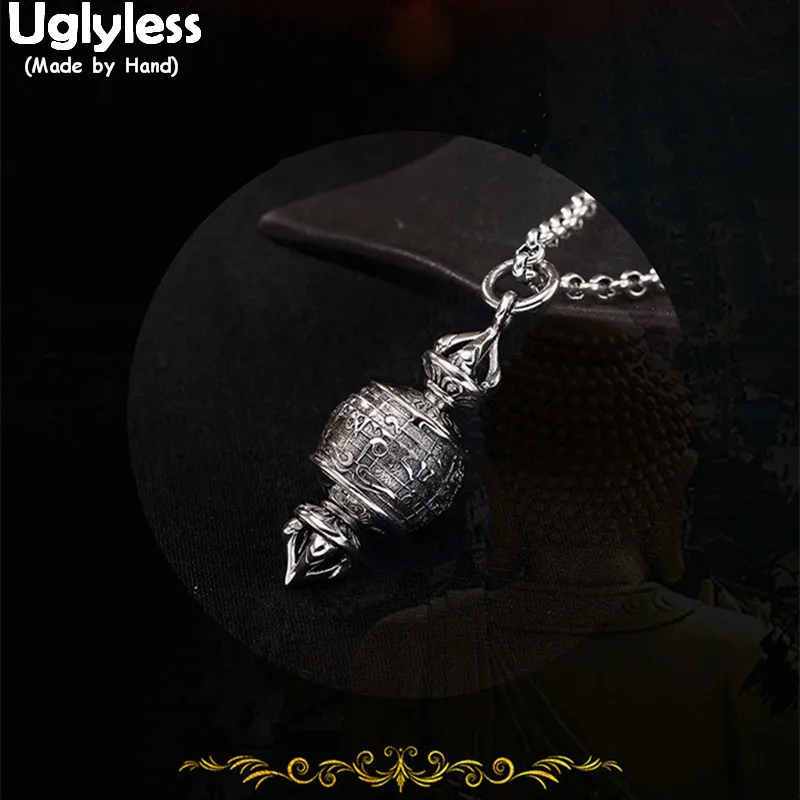 

Uglyless Real 925 Sterling Thai Silver Tibetan Prayer Wheel Pendant without Chain Men Retro Buddhism Vajra Jewelry Mantra Bijoux