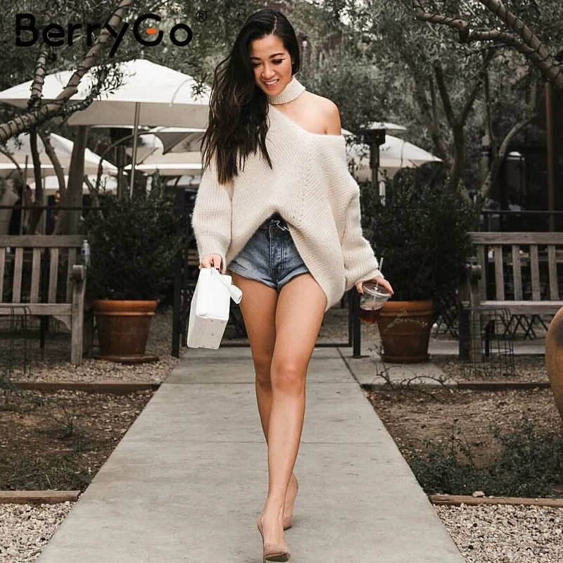 BerryGo водолазка на одно плечо Вязаный Свитер оверсайз Женский Уличная одежда