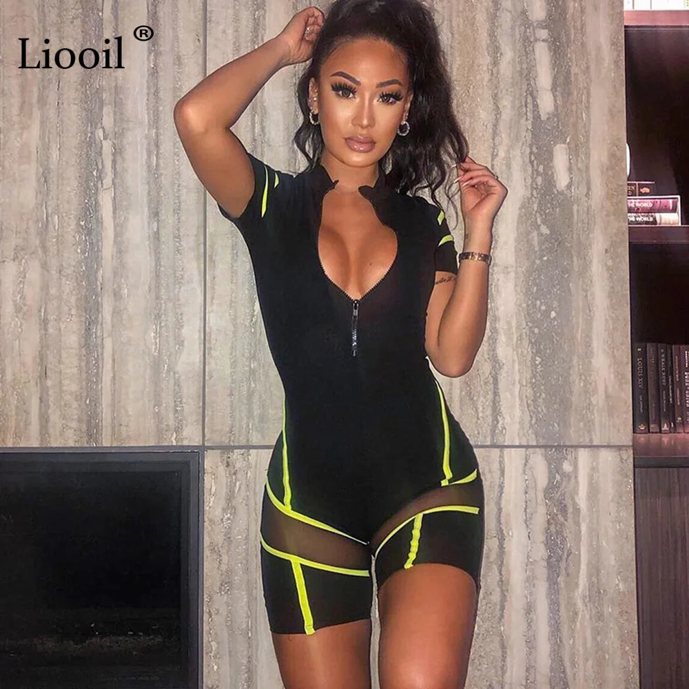 Liooil лоскутный полосатый пляжный костюм сетчатый прозрачный сексуальный цельный комбинезон для женщин вечерние Облегающий комбинезон шорты Клубный комбинезон
