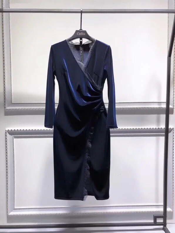 dark blue Высококачественное бархатное платье; Новинка; сезон осень-весна; винтажное платье для женщин; сексуальное кружевное лоскутное платье с v-образным вырезом и разрезом; облегающее платье-футляр; вечерние платья - Цвет: dark blue