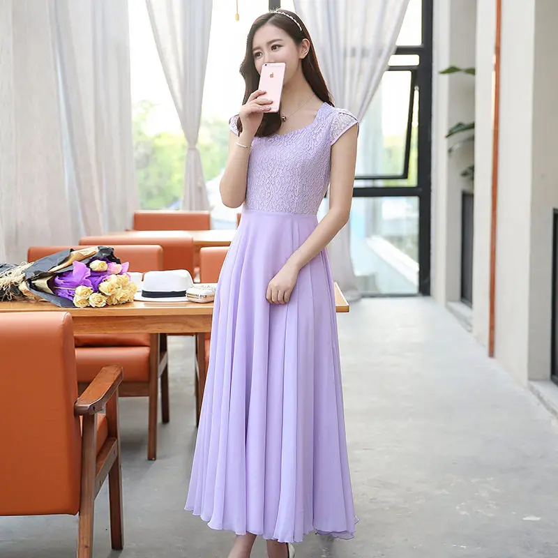 Fashion New Boho Purple Solid Lace Patchwork Chiffon Beach Dress Women 2019 Summer Tank Big swing Dresses Female Vestidos Mujer | Женская