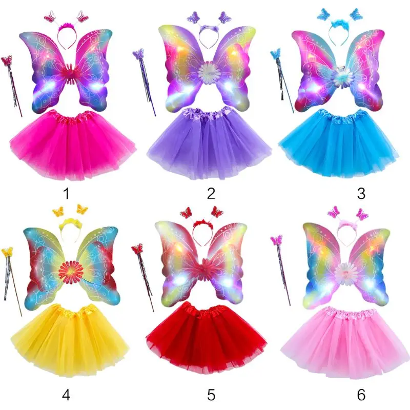 

4Pcs Girls LED Fairy Costume Set Tulle Tutu Skirt Double Layer Butterfly Wings Wand Headband Princess Performance Stage Up