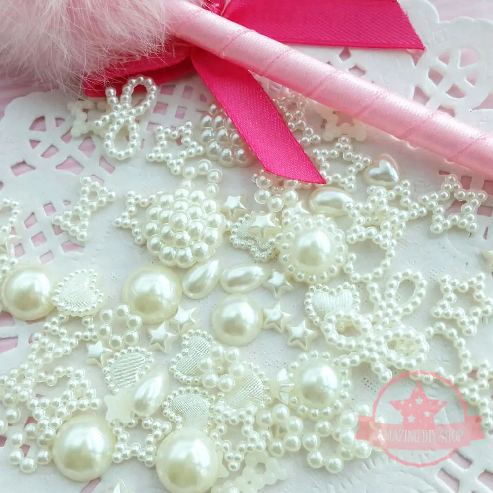 

400 pcs Assorted Pearlized Flat Back Cabochon 6mm to 18mm Cream Heart Star