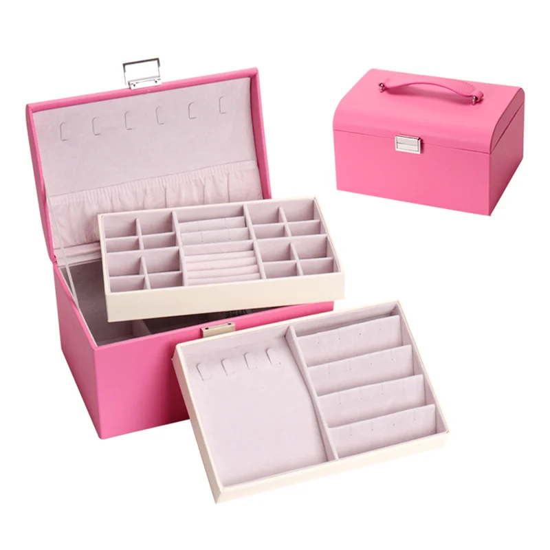 Rose Pink Европейский стиль, шкатулка для ювелирных изделий, большая емкость, органайзер для ювелирных изделий, многослойный Чехол для макияжа, многофункциональное ожерелье, кольца, коробки для ювелирных изделий - Цвет: Rose Pink