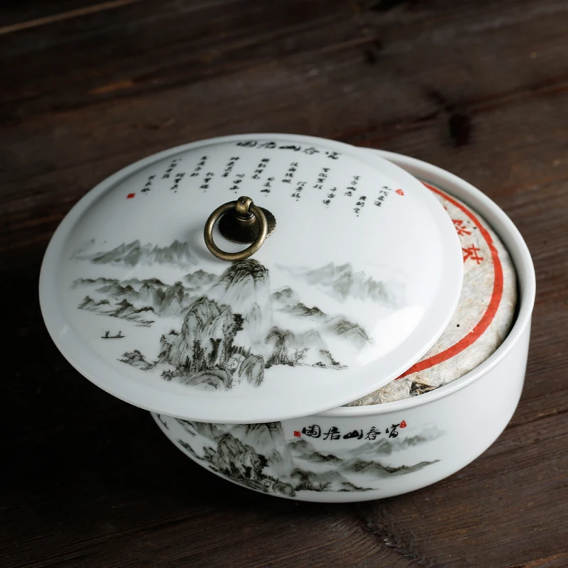 

3pcs 375g Pu'er Tea Cake Storage Tank Landscape Pattern Ceramic Tea Caddy Tea Wash Fish Tank Flower Pot Food Sealed Box Tea Cans