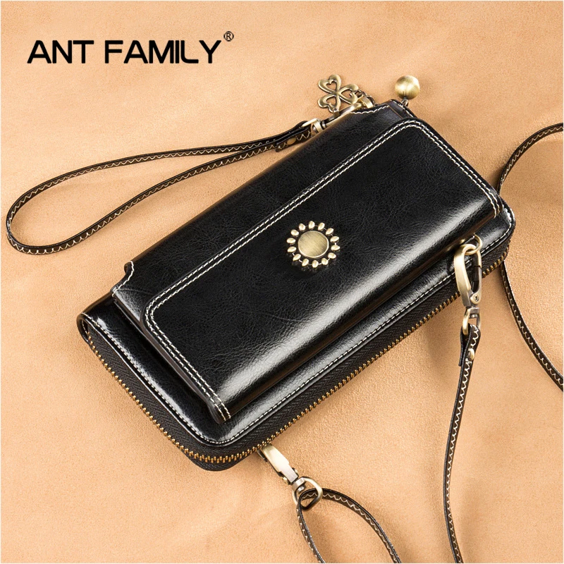 Vintage Oil Wax Leather Women Wallets Long Zippers Purse Genuine Leather Wallet Female Clutch Multifunction Big Capacity Wallet