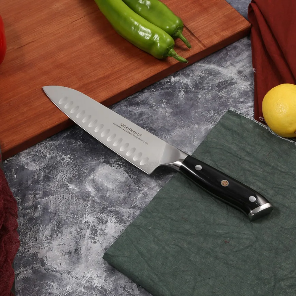 Ножи Mokithand, 7 дюймов, Santoku, профессиональный японский кухонный нож, Высокоуглеродистый, Германия, 1,4116 сталь, поварской нож с Pakka Wood