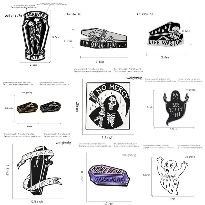 

Punk Lettering Coffin enamel Pins Black White Tombstone Ghost Grim Reaper Brooches for women Halloween lapel Pin Badges Jewelry