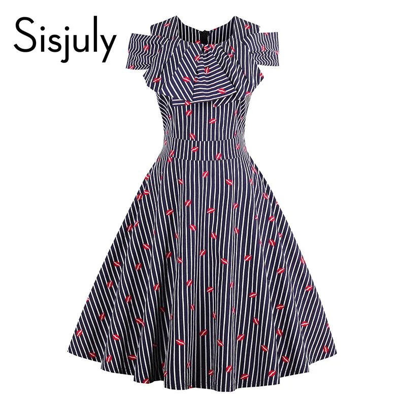 Женщины Pin Up винтажное платье Striped Ruffled милое с открытыми плечами летние женские