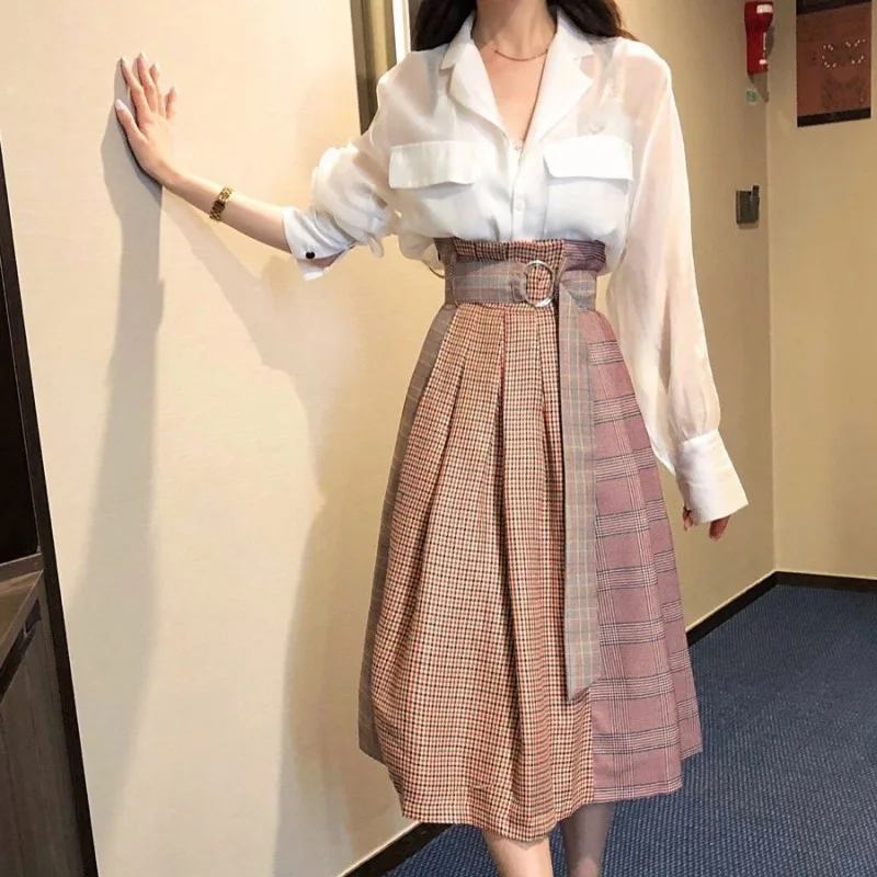 

Elegant Fashion Women Skirt Suits Women Shirt Blouse and Plaid Skirts Sashes Two Pieces OL Sets Female Outfits 2019 Autumn WS157