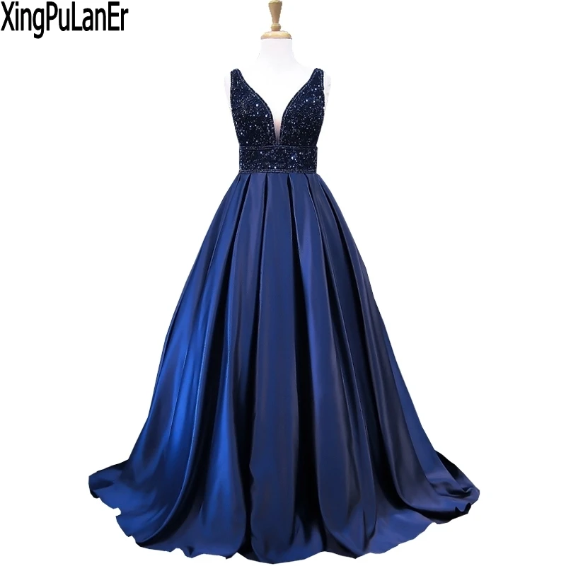 

XingPuLanEr Long Evening Dress Stunning V-neck Sleeveless Top Heavy Beaded Backless Navy Blue Women Formal Evening Party Gowns