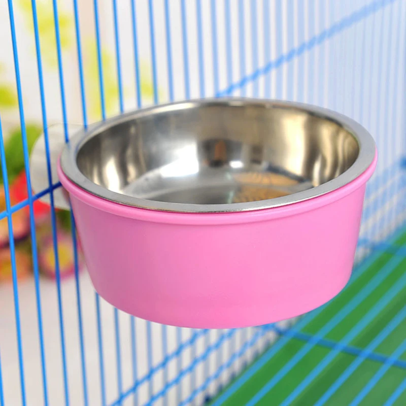 2 in 1 Small Pet Feeder Hanging Bowl Stainless Steel Plastic Rat Squirrel Rabbit Guinea Pig Hamster Food Bowl Dish Random Color