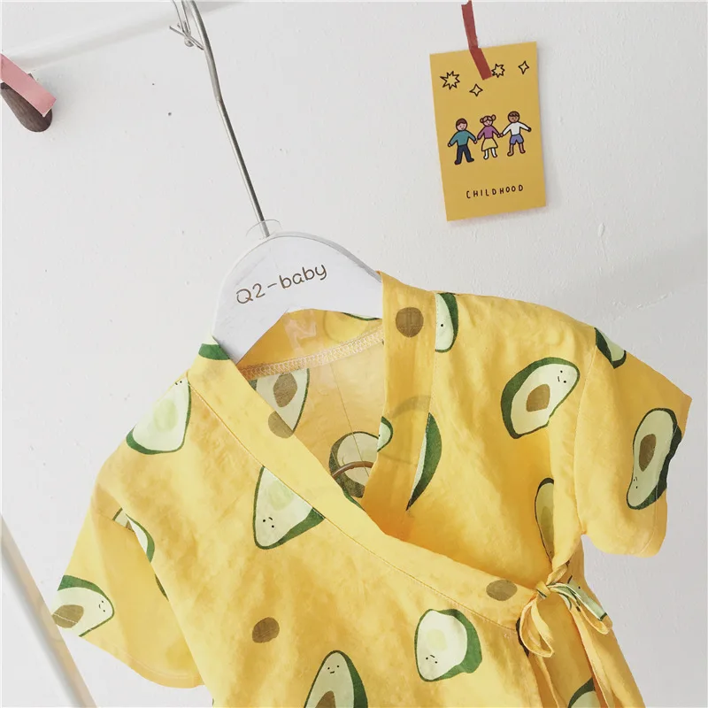 Japanese Style Cotton Baby Kimono Tracksuit Avocado Printed 2pcs/set Pants+tops Kids Boy Girls Clothing Set Child Infant Clothes | Детская