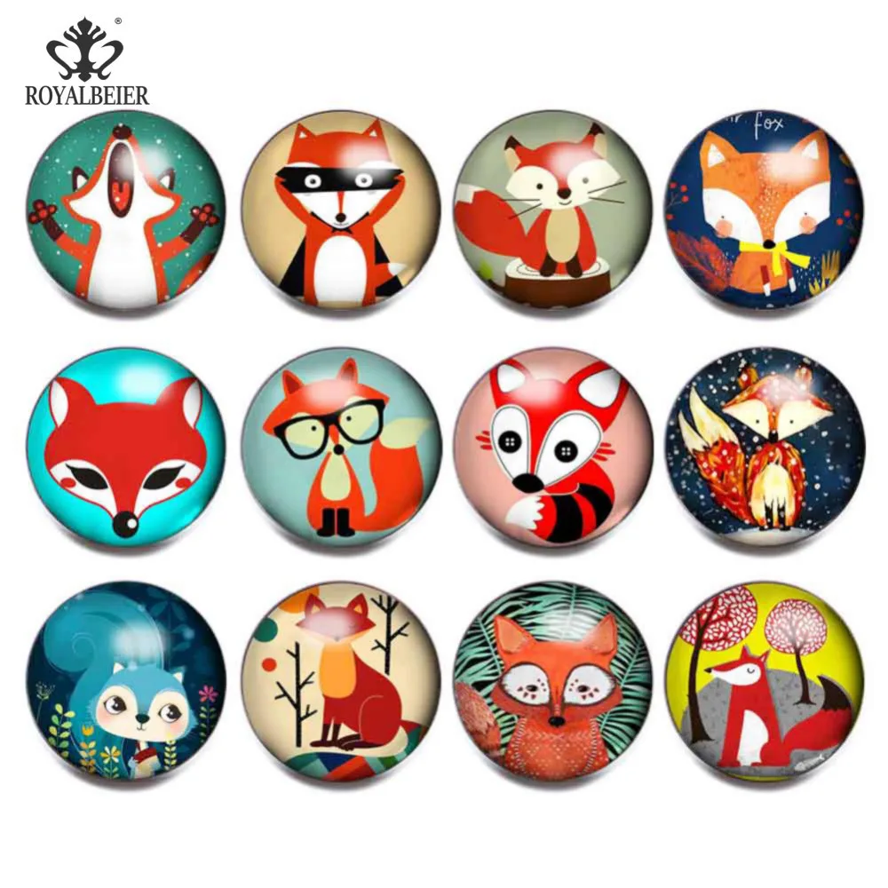 Royalbeier 12pcs Cartoon Snap Buttons Fox Print Glass Cabochon Fit Bracelets Necklace 18mm Beads Charms DIY Jewelry Buttons|snap button|snap