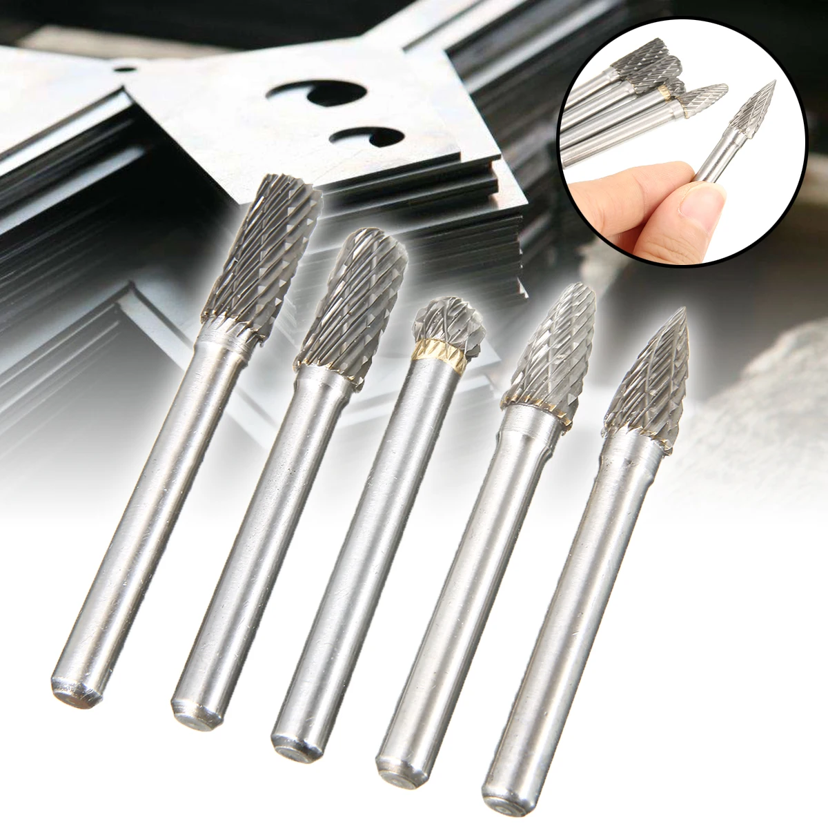 

5pcs Tungsten Carbide Rotary Burrs Grinding Head File Cutter 8mm Rotary Point Burrs Die Grinder 6mm Shank Bit Tool Set