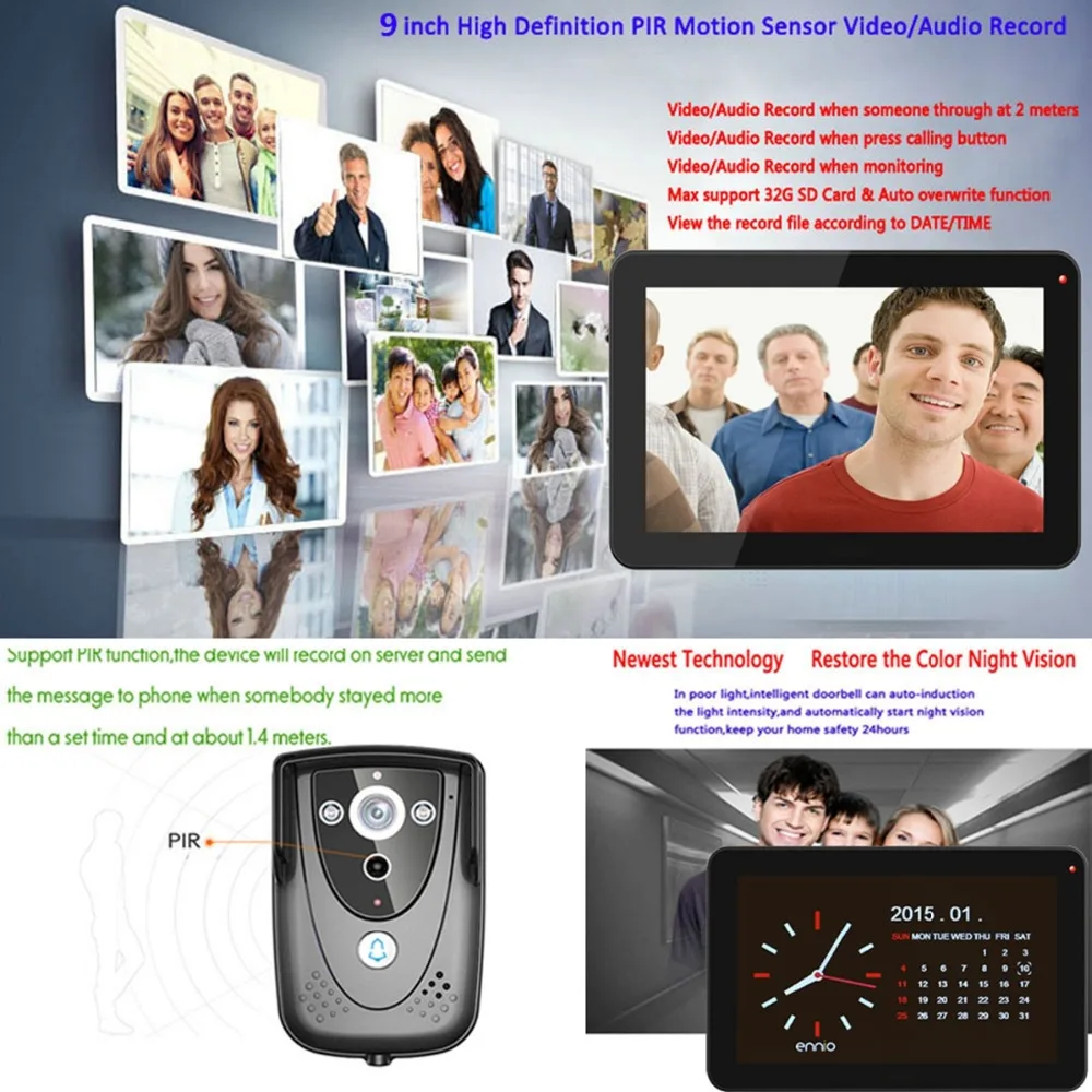 Домашняя безопасность 9 &quotDVR Запись цветной сенсорный экран видео телефон двери