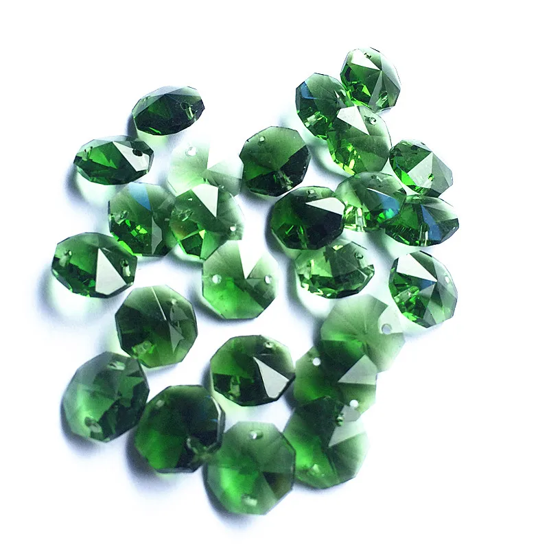 150 unids/lote de cristal verde octogonal de 14MM, cuentas de 2 agujeros + anillos gratis, colgantes de cortina de ventana DIY/piezas de recorte de candelabro