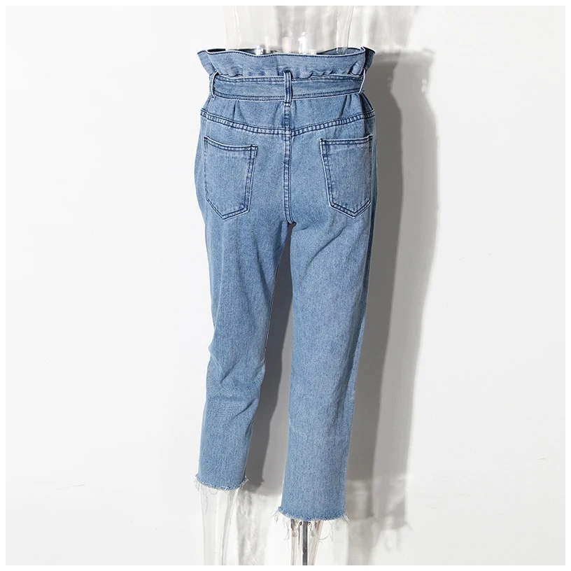 Retro High Rise Denim Pants Women Harem Capris Sash Tie Belt Ripped Holes Autumn Cuff Up Jeans IG Black Oversized Loose Trousers | Женская