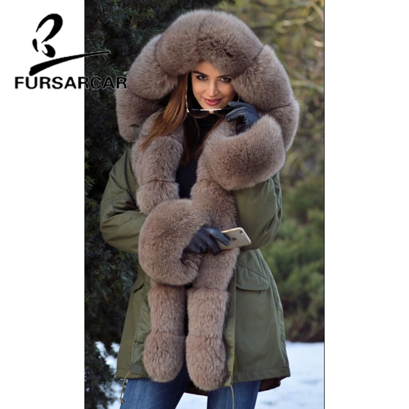 FURSARCAR Real Fur Coat Women With Large Fox Fur Hood And Cuff Luxury New Winter Thick Warm Military Style Fur Parka For Female